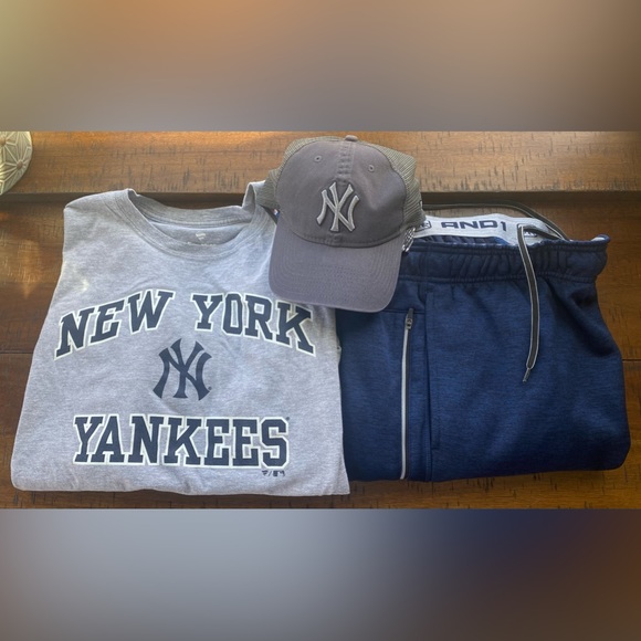 Fanatics Other - •GUC•{3 ITEMS} Mens Fanatics NY Yankees Tee Shirt, AND1 Pants & New Era NY Hat
